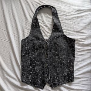 Embellished Denim Button Down Halter Vest